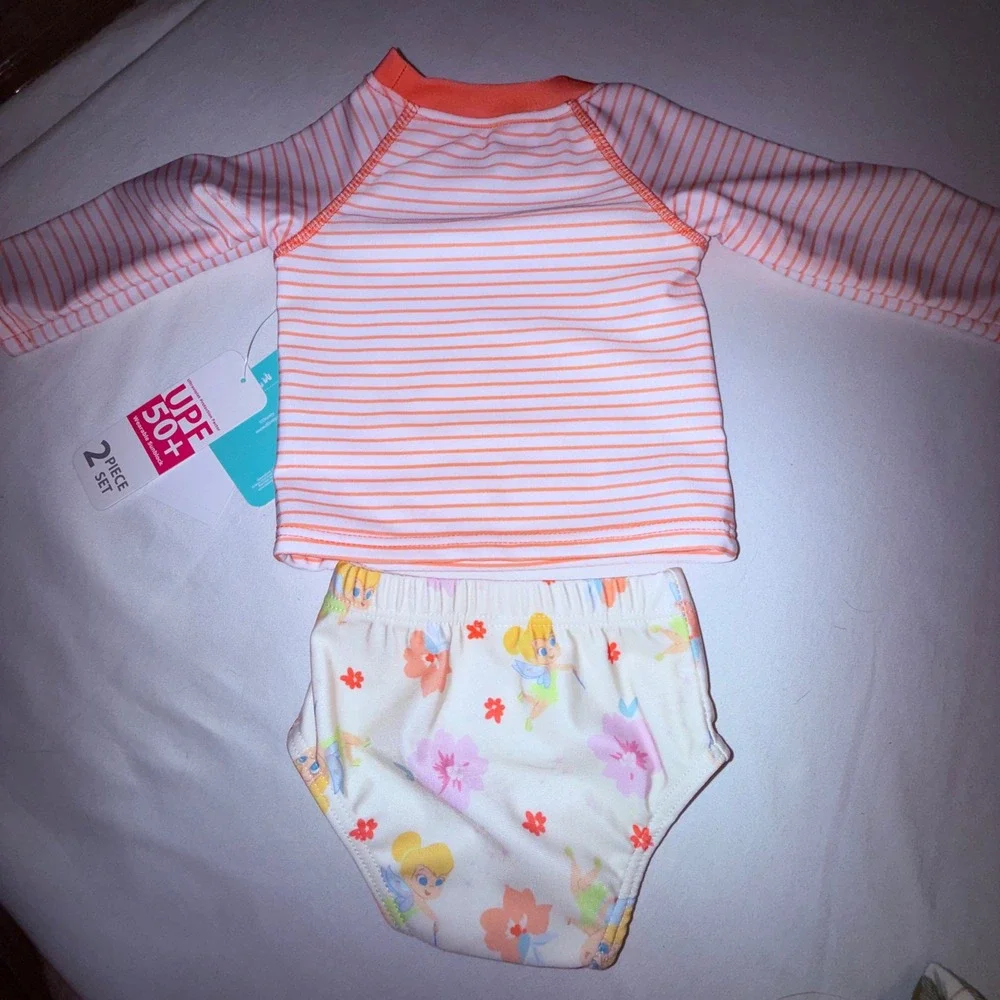 Disney Tinker Bell Rash Guard‎ Set Kids 0-3M Orange NEW Long Sleeve UPF 50+